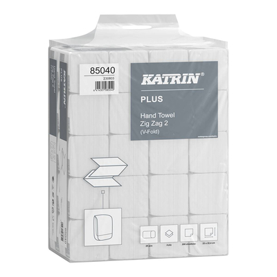 Katrin Plus essuie-mains pliés, 100 % cellulose, pliage V, deux couches, 224 x 230 mm, Handy-Pack, 85040 | Antalis CH