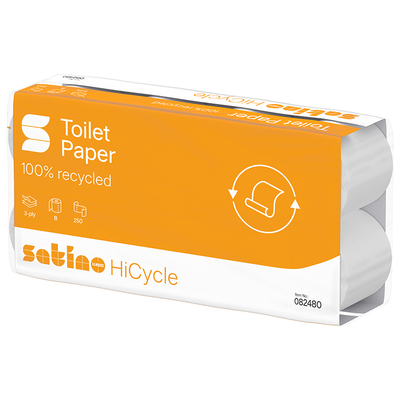 Satino HiCycle papier hygiénique, 100 % recyclé, trois couches, 94 x 110 mm, 8 x 250 coupons, 082480 | Antalis CH