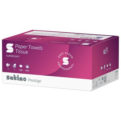 Satino prestige essuie-mains pliés, 100 % cellulose, pliage V, deux couches, 250 x 230 mm, boîte, 276640 | Antalis CH